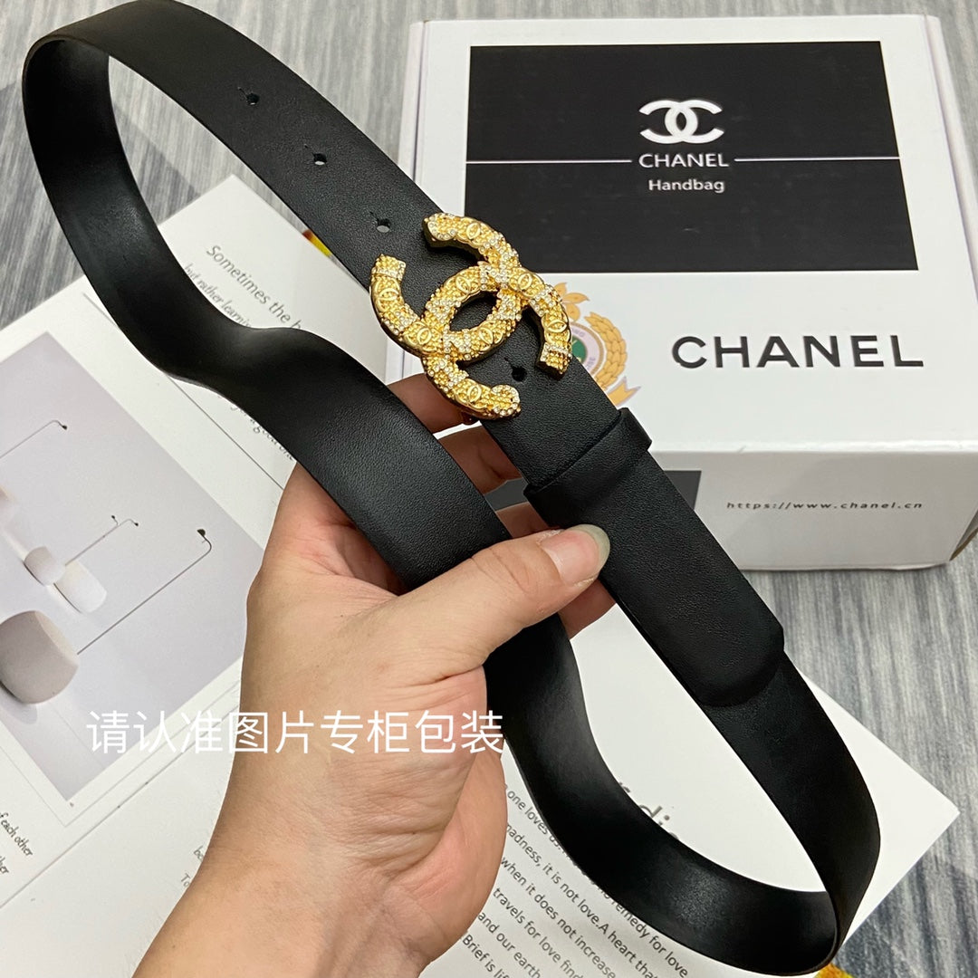 CC Women's Belt 3.0CM Black Cowhide Gold Buckle 586522