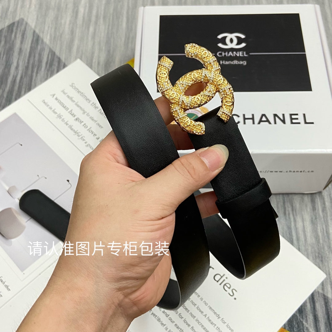 CC Women's Belt 3.0CM Black Cowhide Gold Buckle 586522