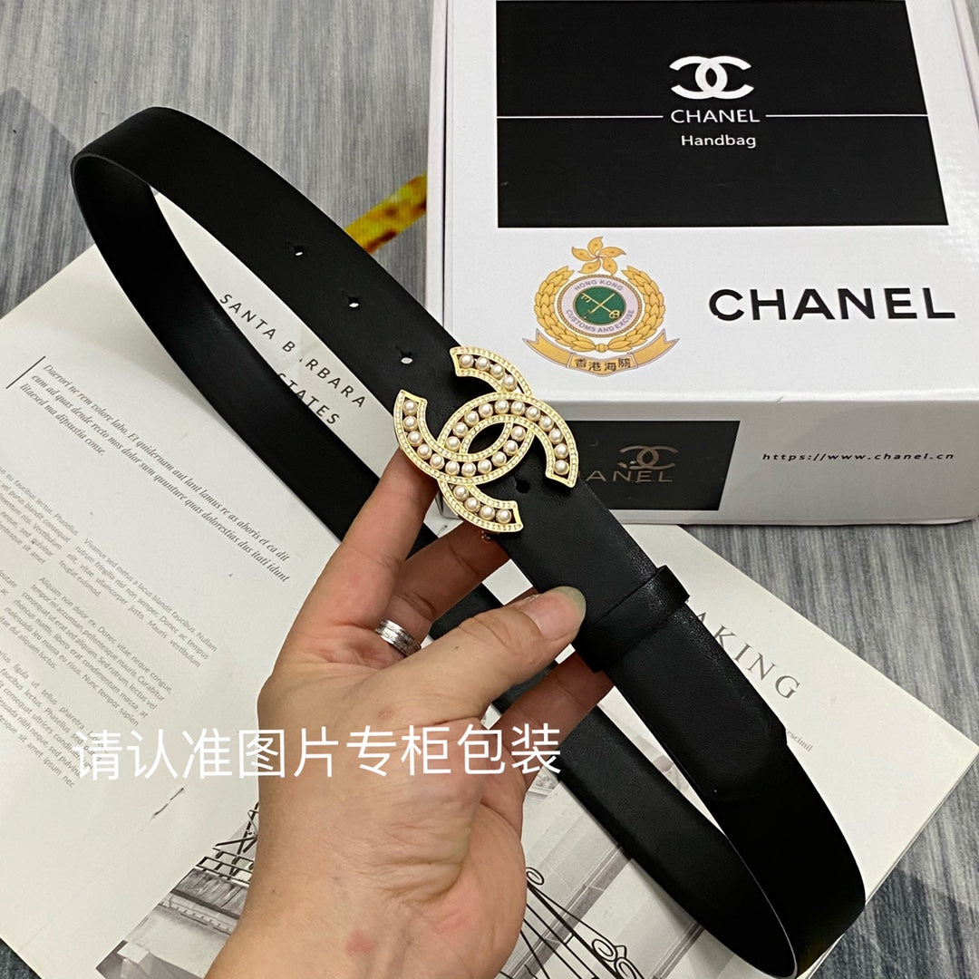 CC Women's Belt 3.0CM Black Cowhide Gold Pearl Buckle 586521
