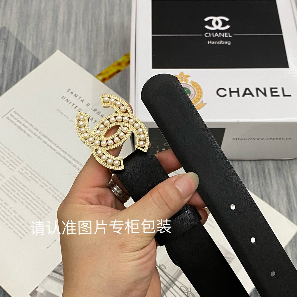CC Women's Belt 3.0CM Black Cowhide Gold Pearl Buckle 586521
