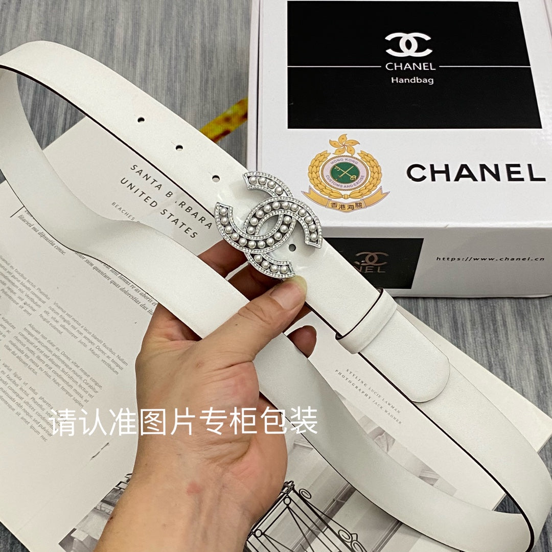 CC Women's Belt 3.0CM White Cowhide Sliver Pearl Buckle 586520