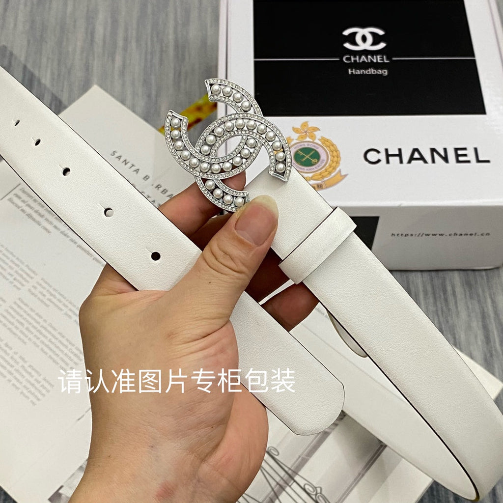 CC Women's Belt 3.0CM White Cowhide Sliver Pearl Buckle 586520