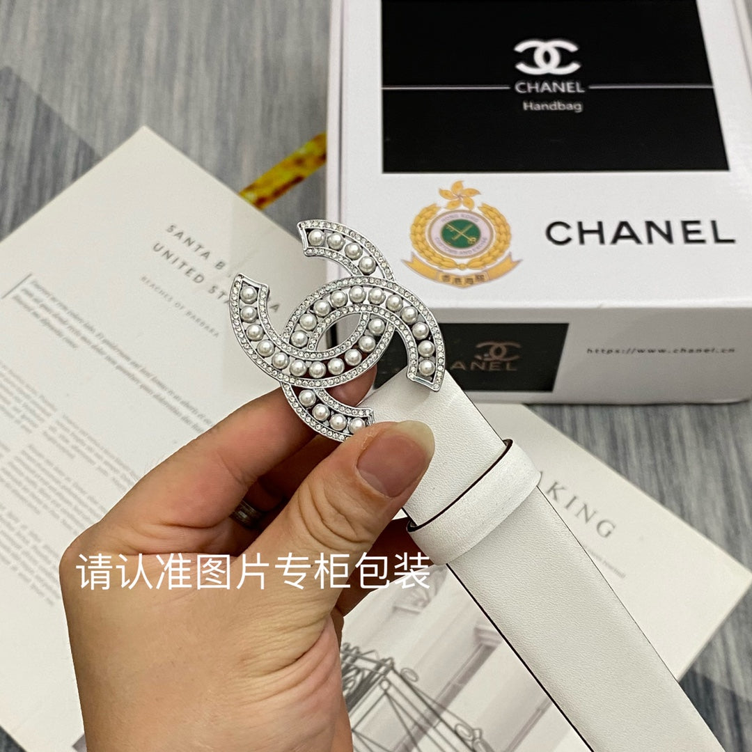 CC Women's Belt 3.0CM White Cowhide Sliver Pearl Buckle 586520