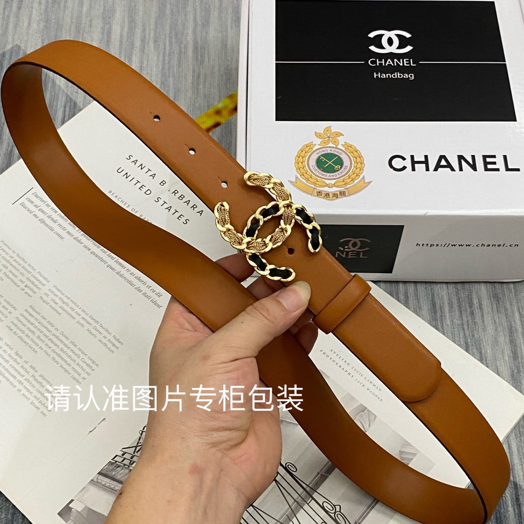 CC Women's Belt 3.0CM Brown Cowhide Gold Black Buckle 586519