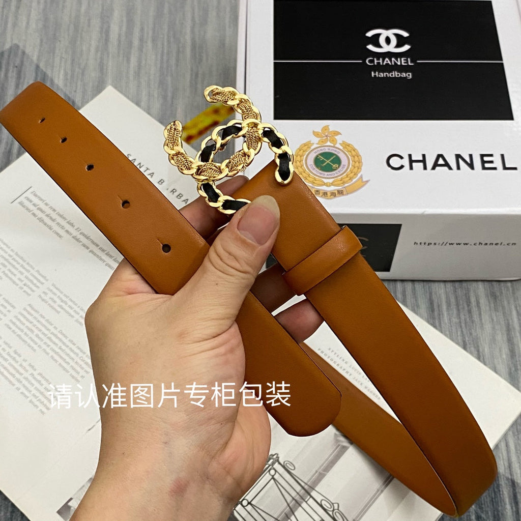 CC Women's Belt 3.0CM Brown Cowhide Gold Black Buckle 586519