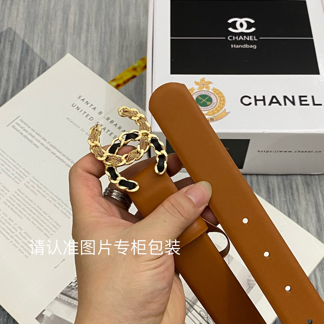 CC Women's Belt 3.0CM Brown Cowhide Gold Black Buckle 586519