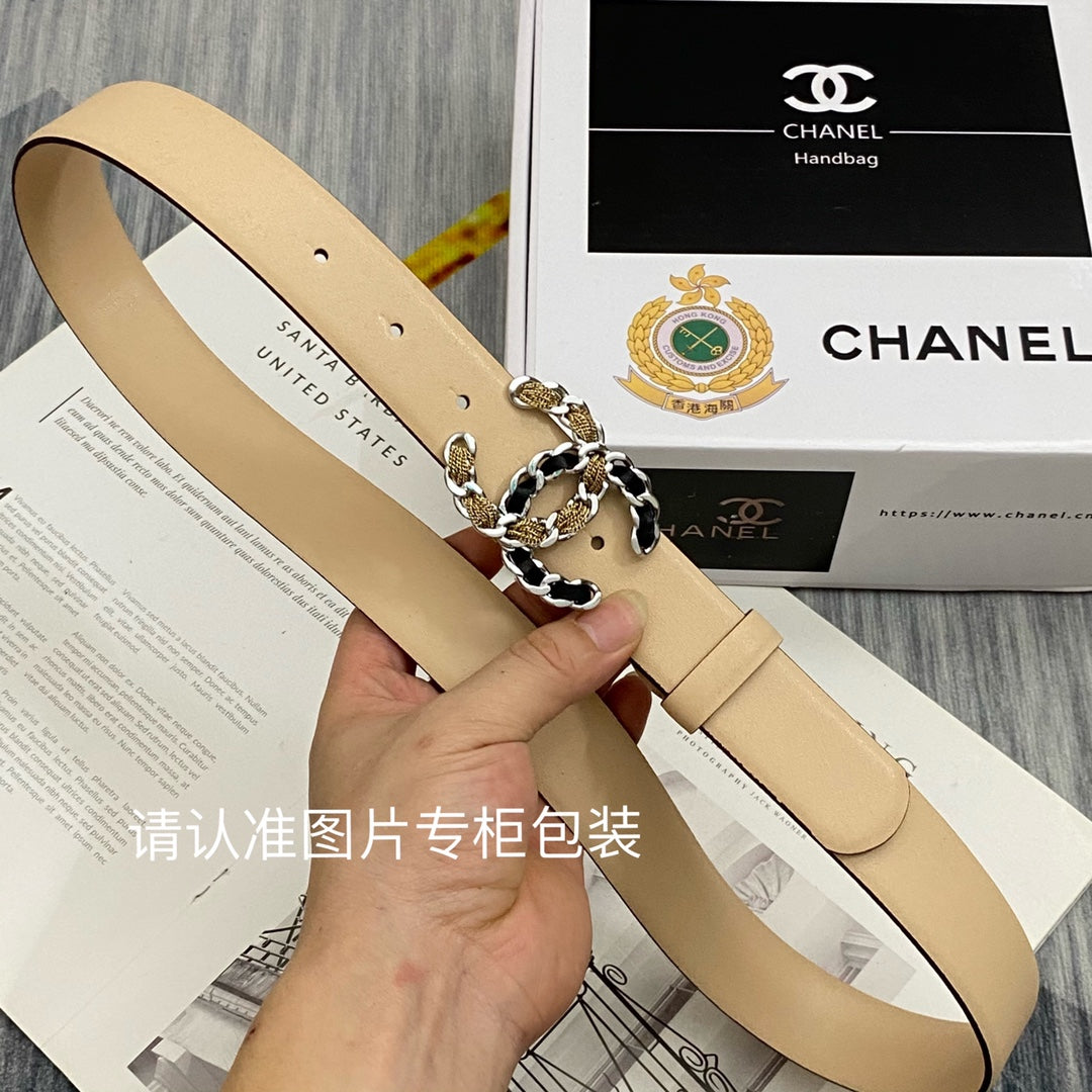 CC Women's Belt 3.0CM Beige Cowhide Gold Sliver Black Buckle 586518