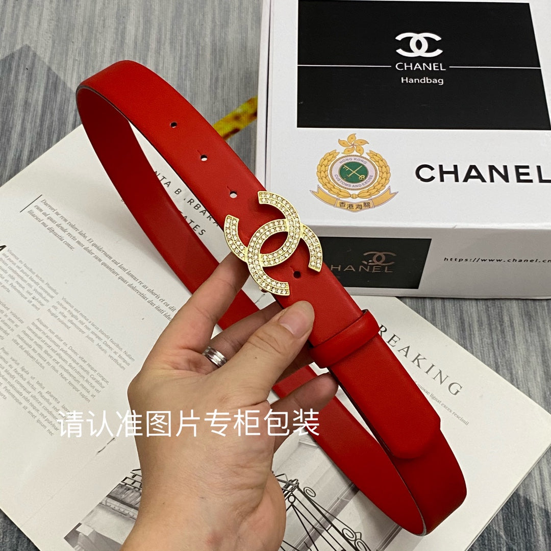CC Women's Belt 3.0CM Red Cowhide Gold Diamond Buckle 586517