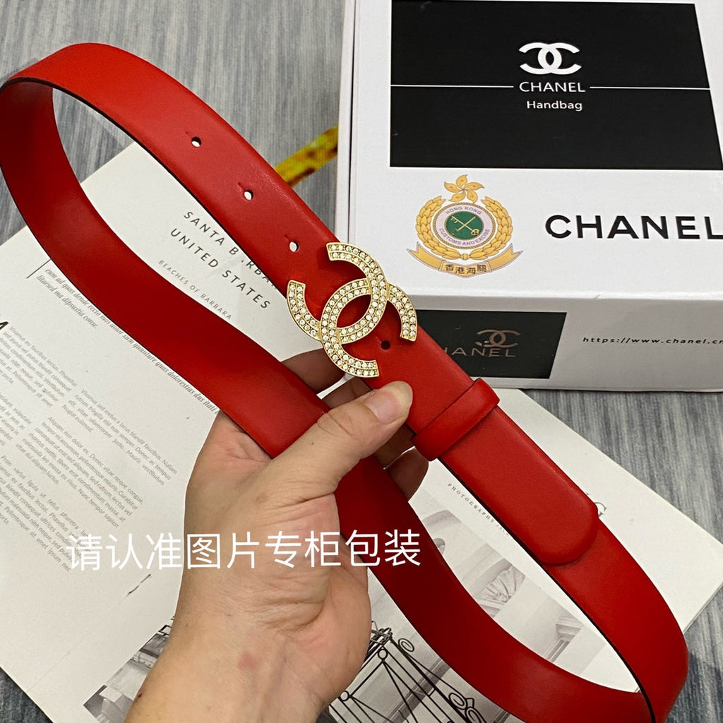 CC Women's Belt 3.0CM Red Cowhide Gold Diamond Buckle 586517