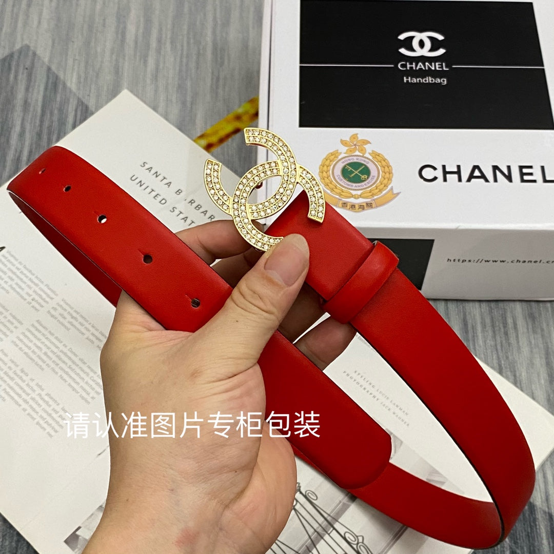 CC Women's Belt 3.0CM Red Cowhide Gold Diamond Buckle 586517