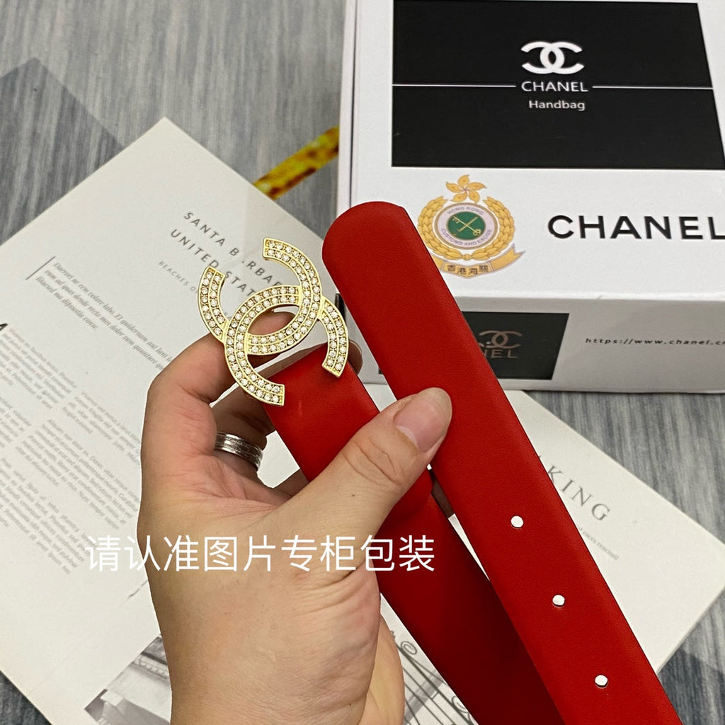 CC Women's Belt 3.0CM Red Cowhide Gold Diamond Buckle 586517