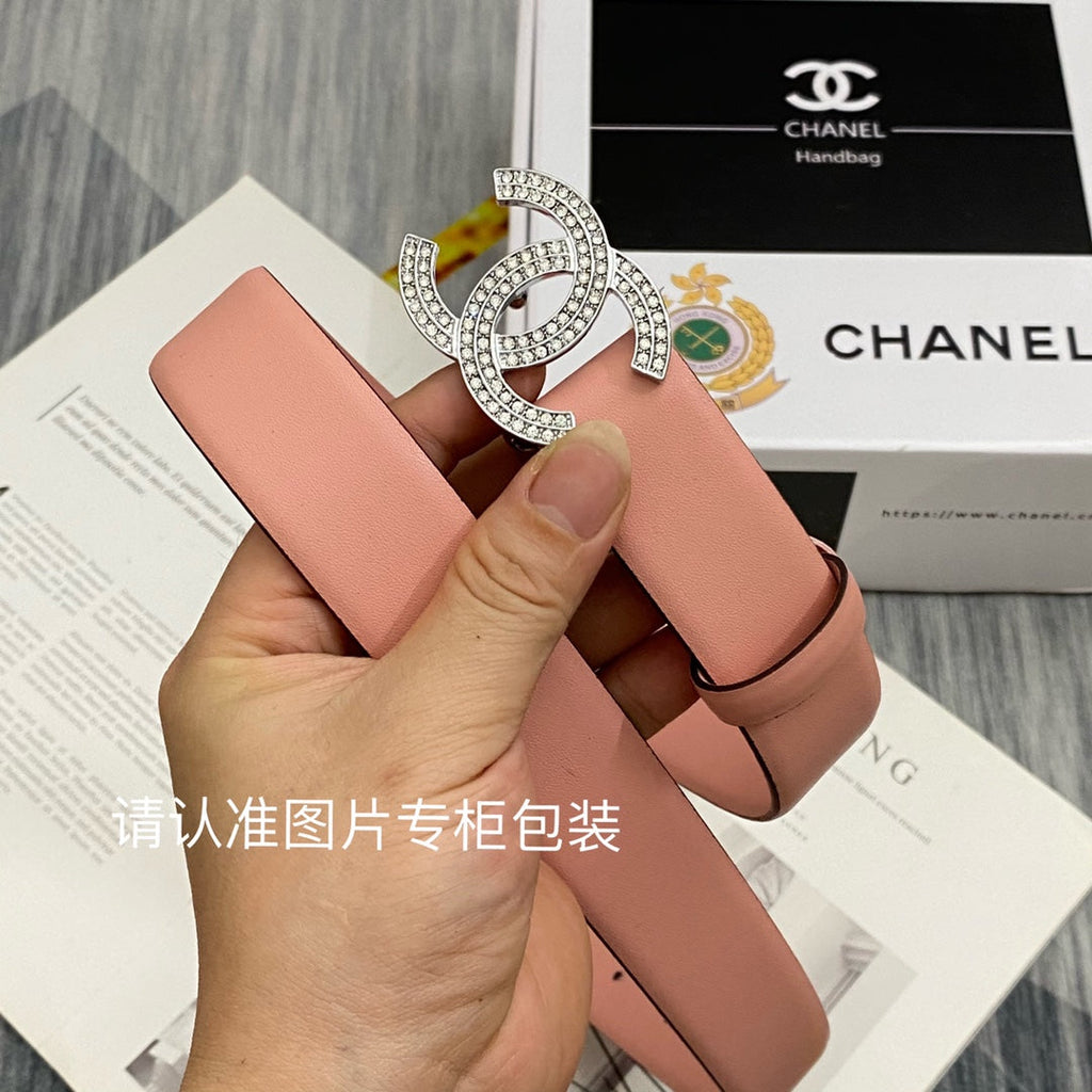 CC Women's Belt 3.0CM Pink Cowhide Sliver Diamond Buckle 586516