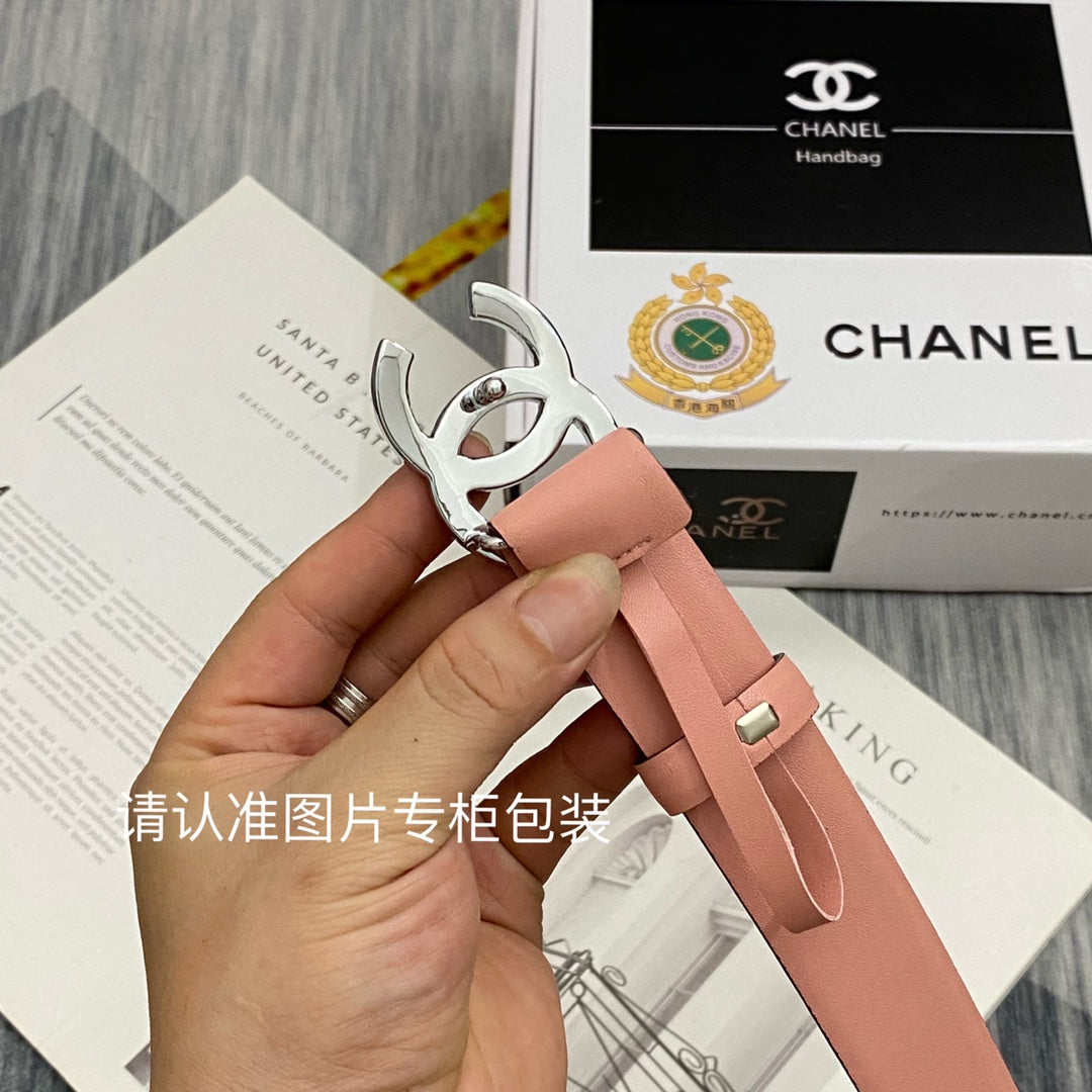 CC Women's Belt 3.0CM Pink Cowhide Sliver Diamond Buckle 586516