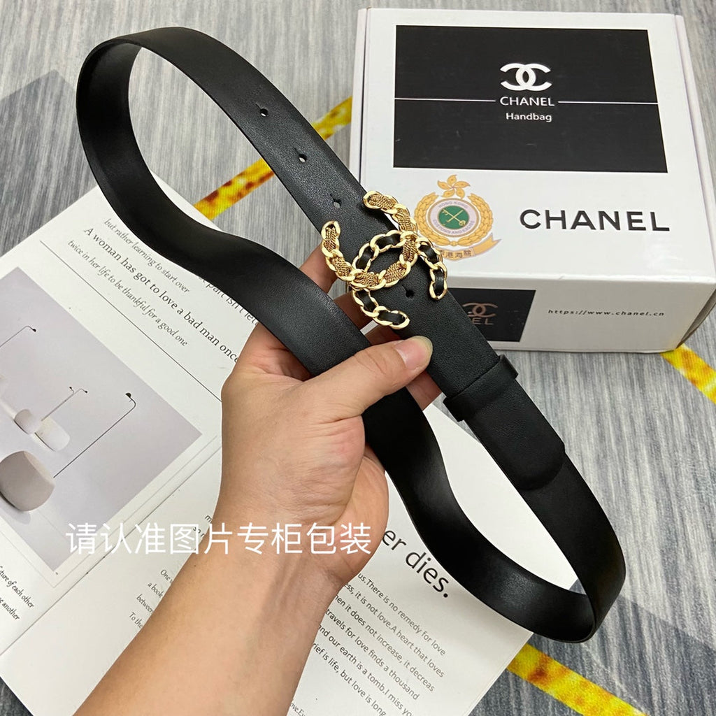 CC Women's Belt 3.0CM Black Cowhide Black Gold Buckle 586511