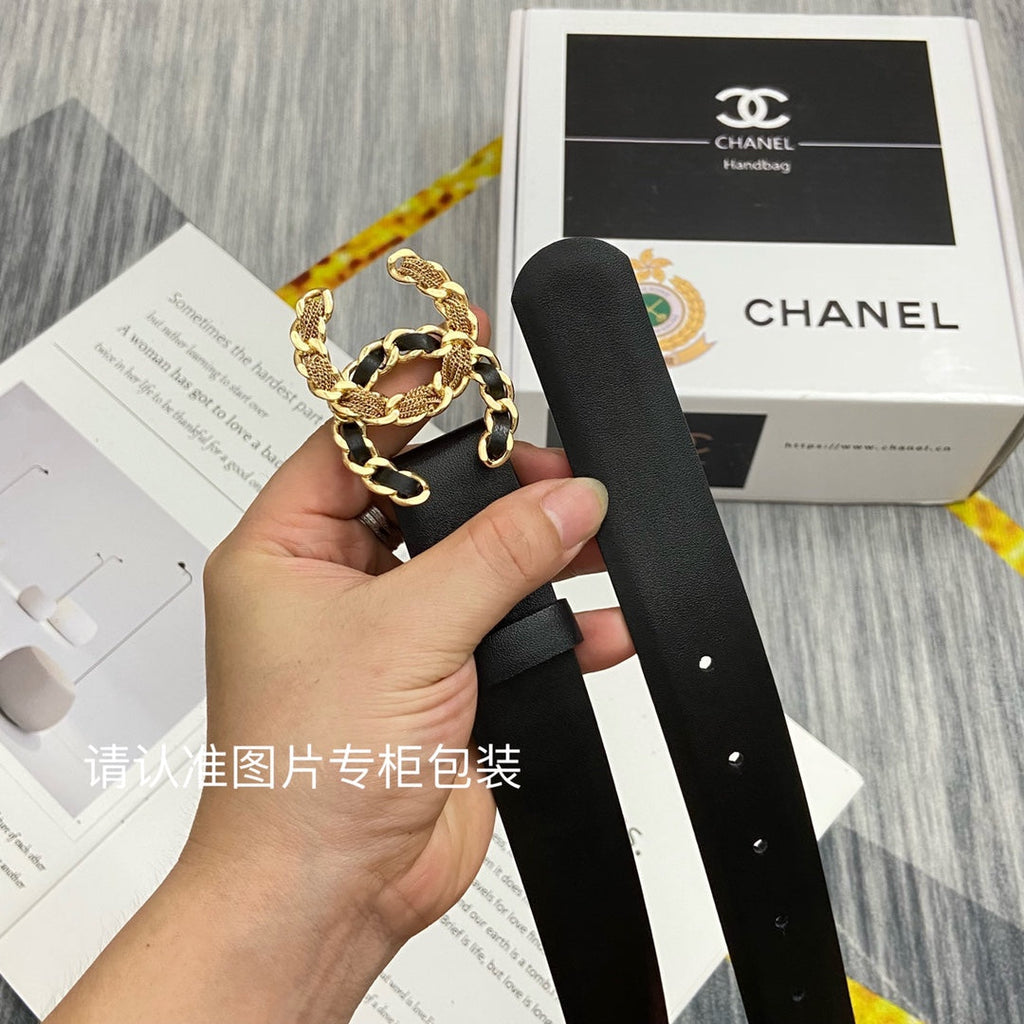 CC Women's Belt 3.0CM Black Cowhide Black Gold Buckle 586511