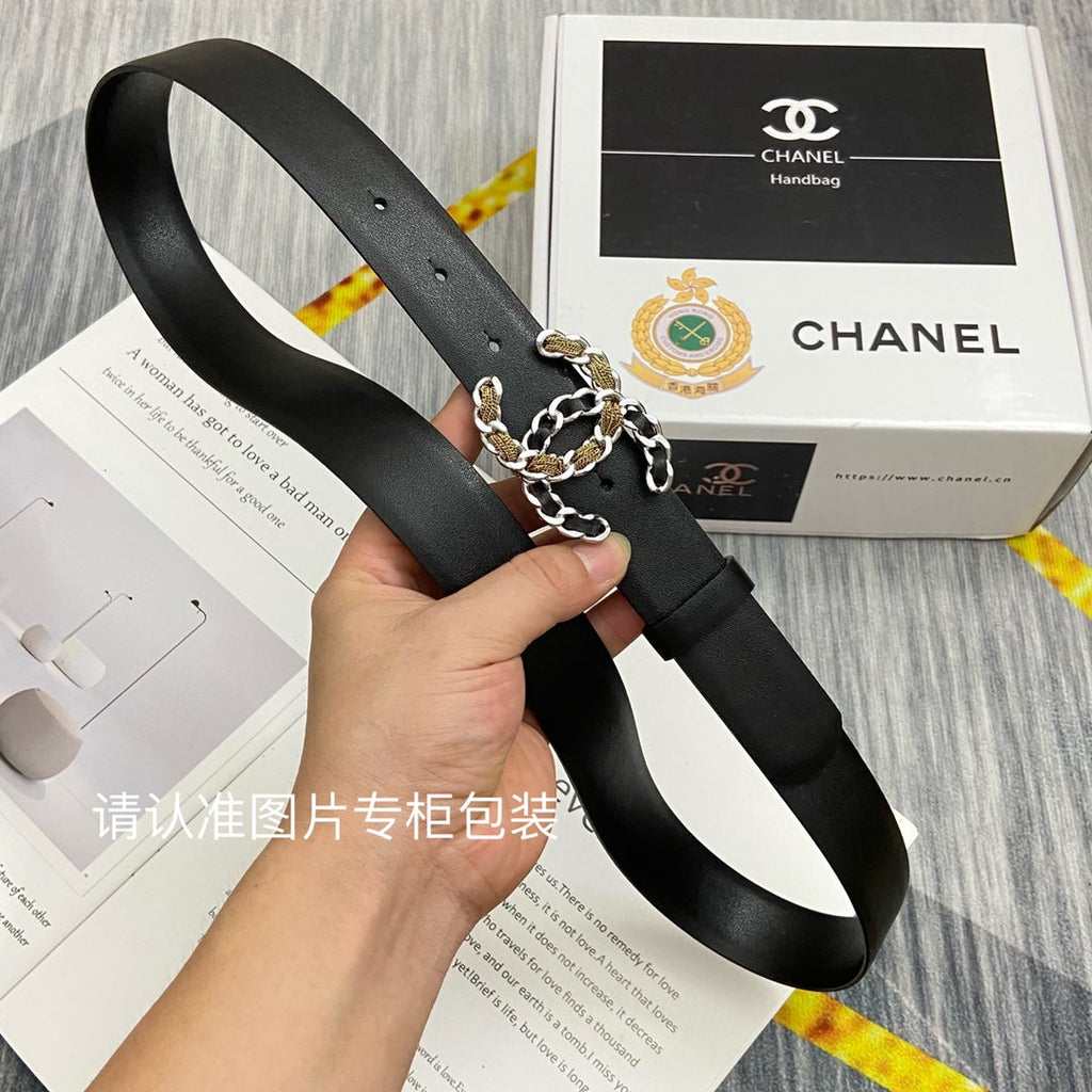 CC Women's Belt 3.0CM Black Cowhide Black Gold Sliver Buckle 586510