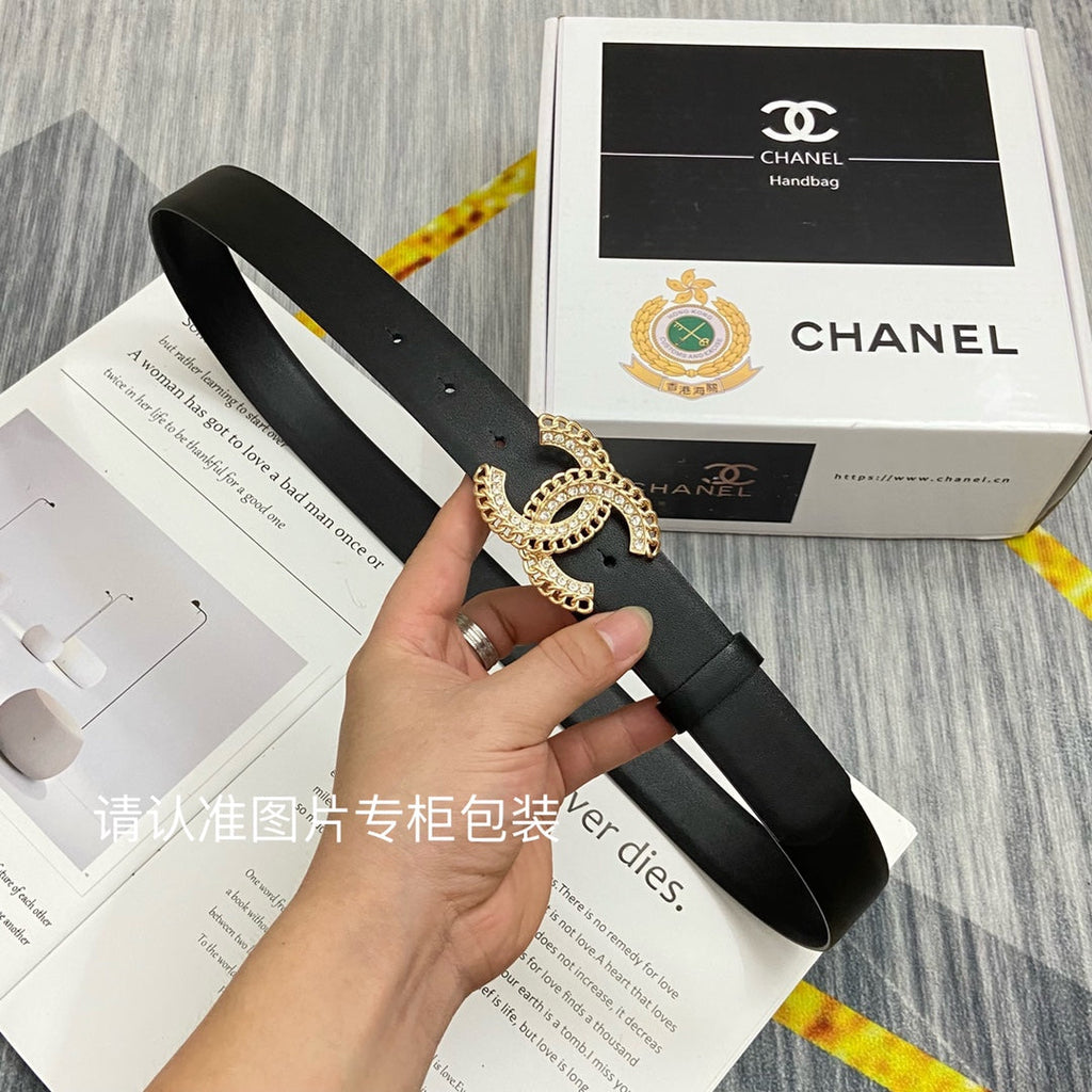 CC Women's Belt 3.0CM Black Cowhide Gold Diamond Buckle 586509