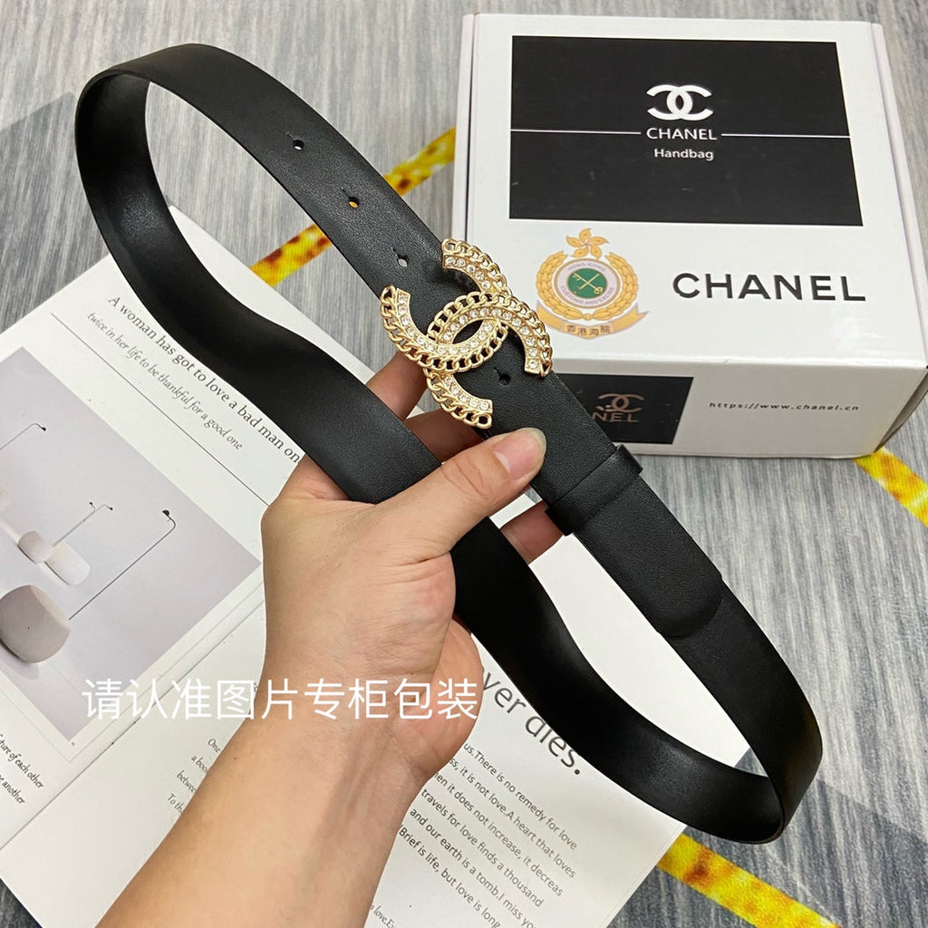 CC Women's Belt 3.0CM Black Cowhide Gold Diamond Buckle 586509