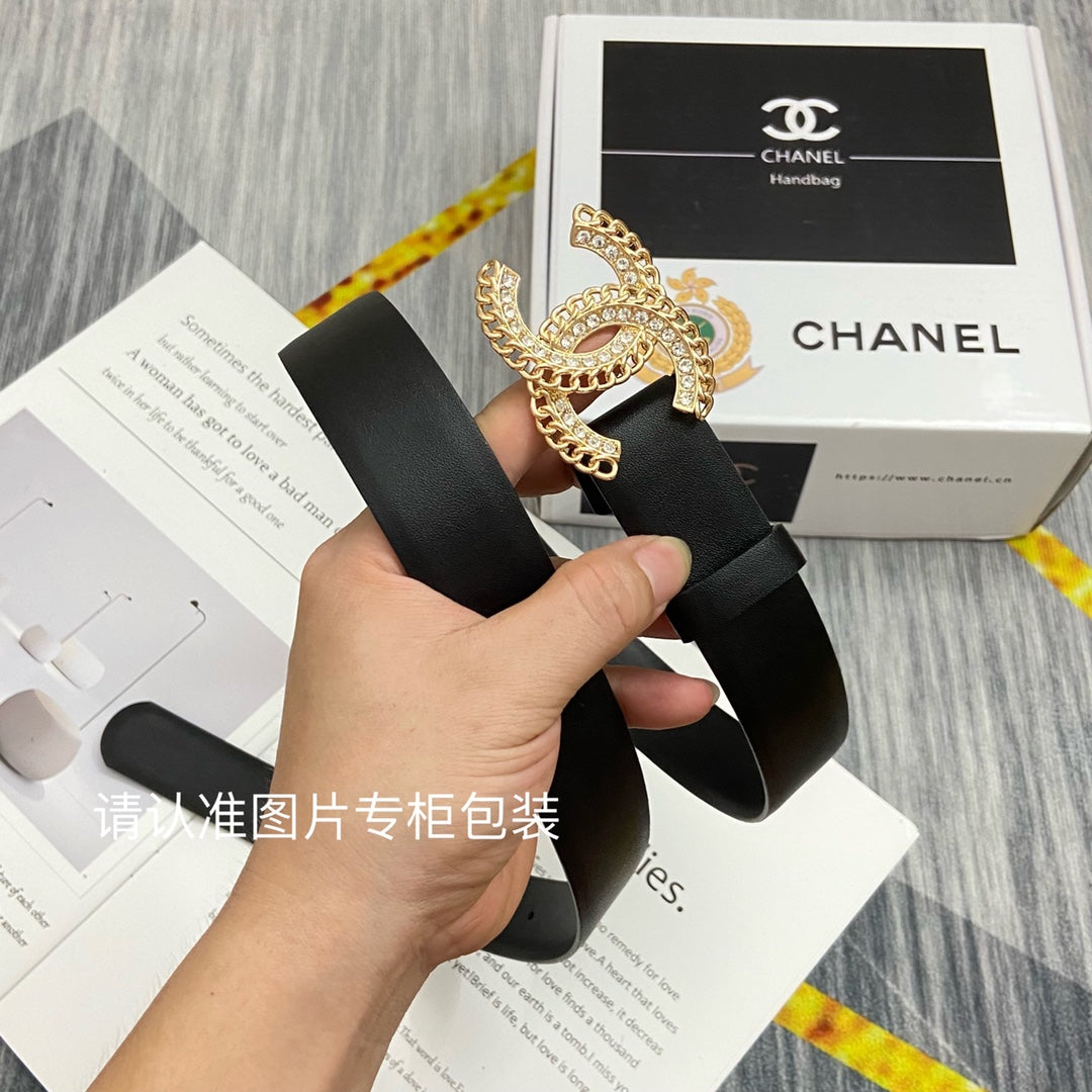 CC Women's Belt 3.0CM Black Cowhide Gold Diamond Buckle 586509