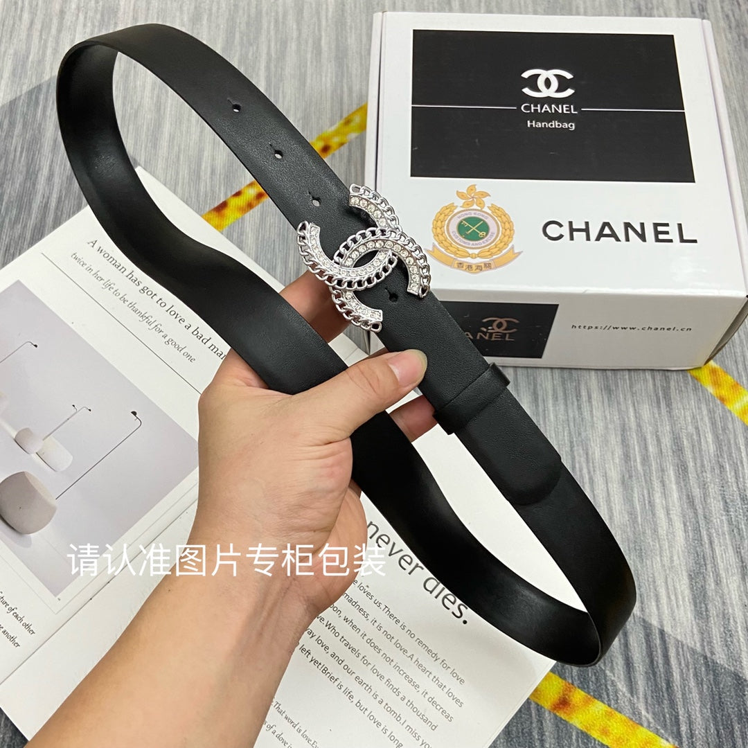CC Women's Belt 3.0CM Black Cowhide Sliver Diamond Buckle 586508