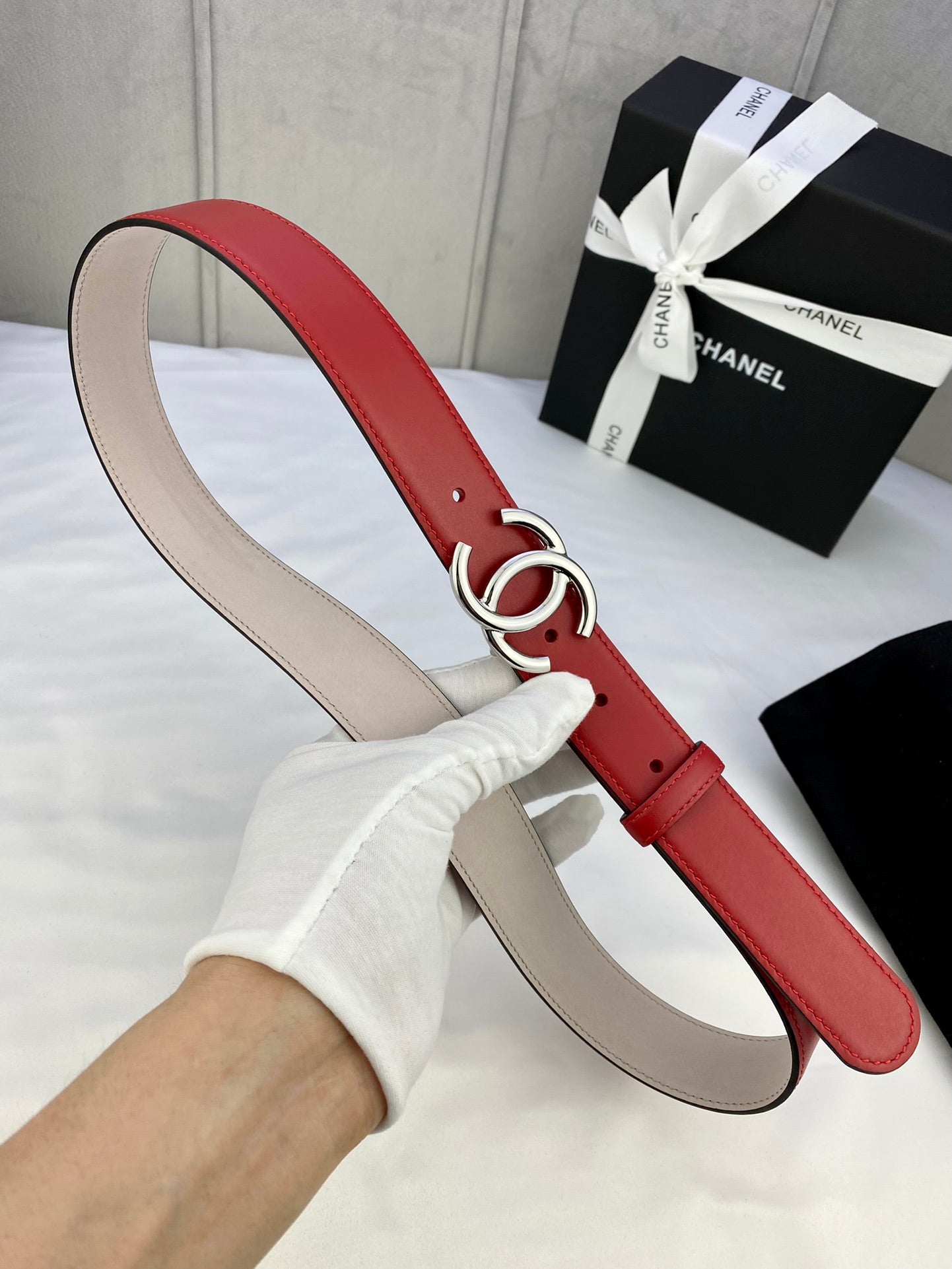 CC Women's Belt 3.0CM Red Cowhide 586502