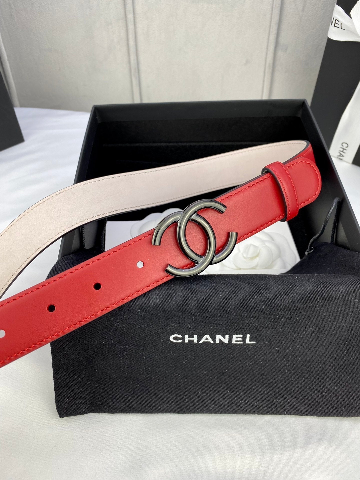 CC Women's Belt 3.0CM Red Cowhide 586502