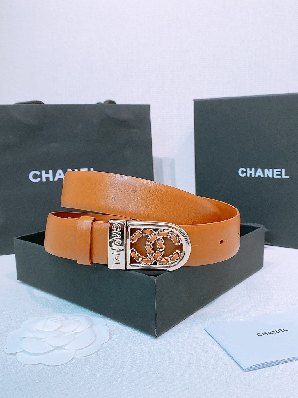 CC Women's Belt 3.0CM Tan Calfskin Sliver Black Buckle 572531