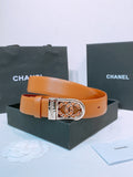 CC Women's Belt 3.0CM Tan Calfskin Sliver Black Buckle 572531