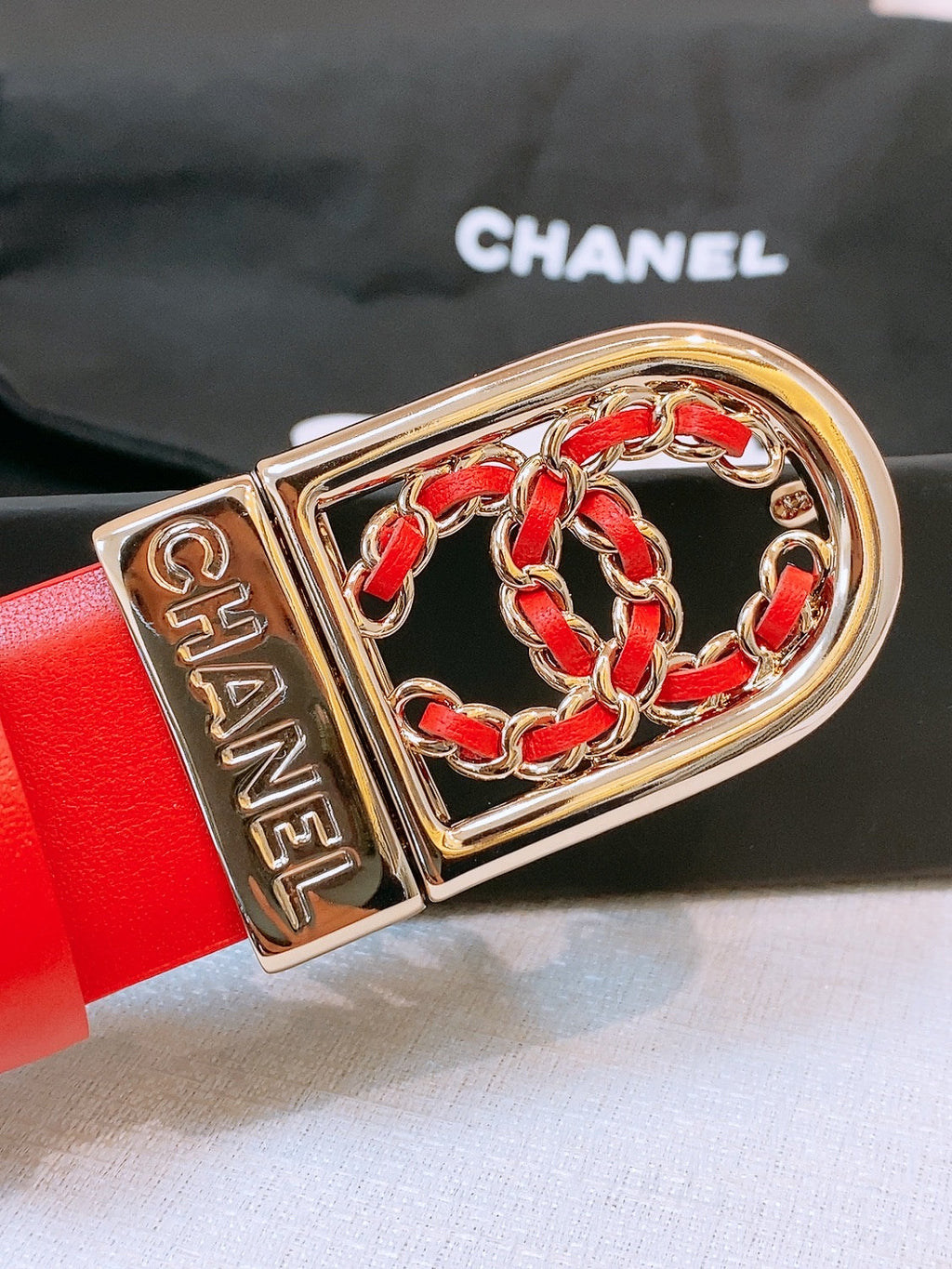 CC Women's Belt 3.0CM Red Calfskin Sliver Black Buckle 572530