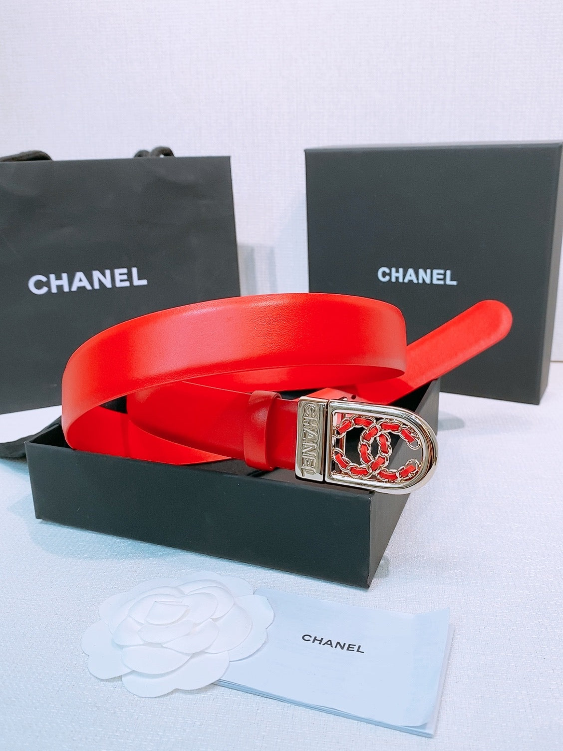 CC Women's Belt 3.0CM Red Calfskin Sliver Black Buckle 572530