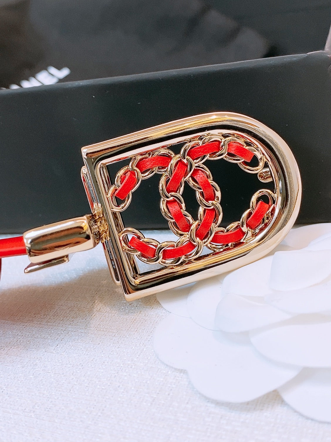 CC Women's Belt 3.0CM Red Calfskin Sliver Black Buckle 572530