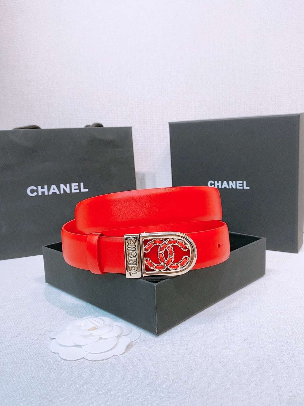 CC Women's Belt 3.0CM Red Calfskin Sliver Black Buckle 572530