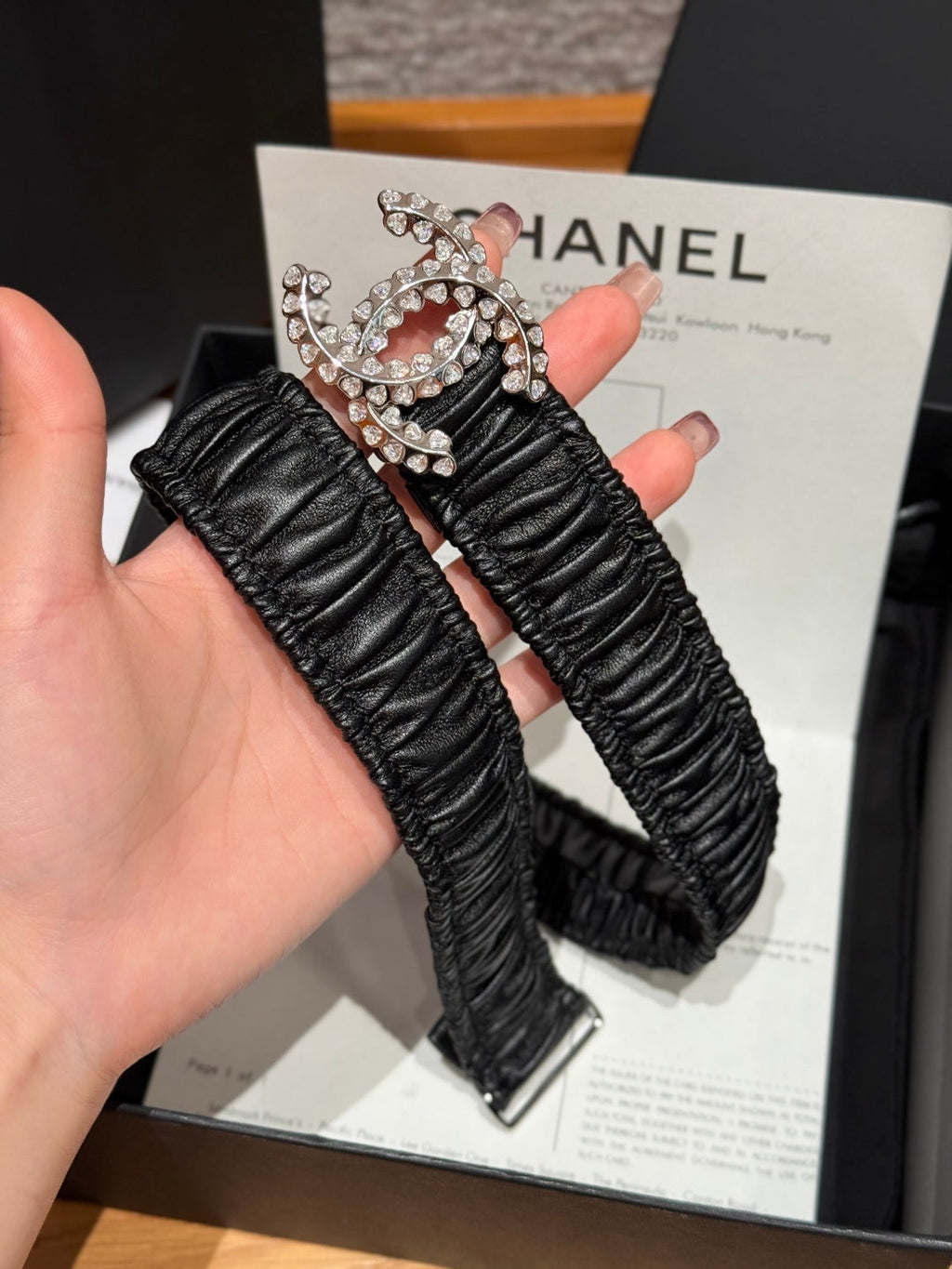 CC Elastic Waist Belt 3.0CM Black Calfskin Sliver Diamond Buckle 195955