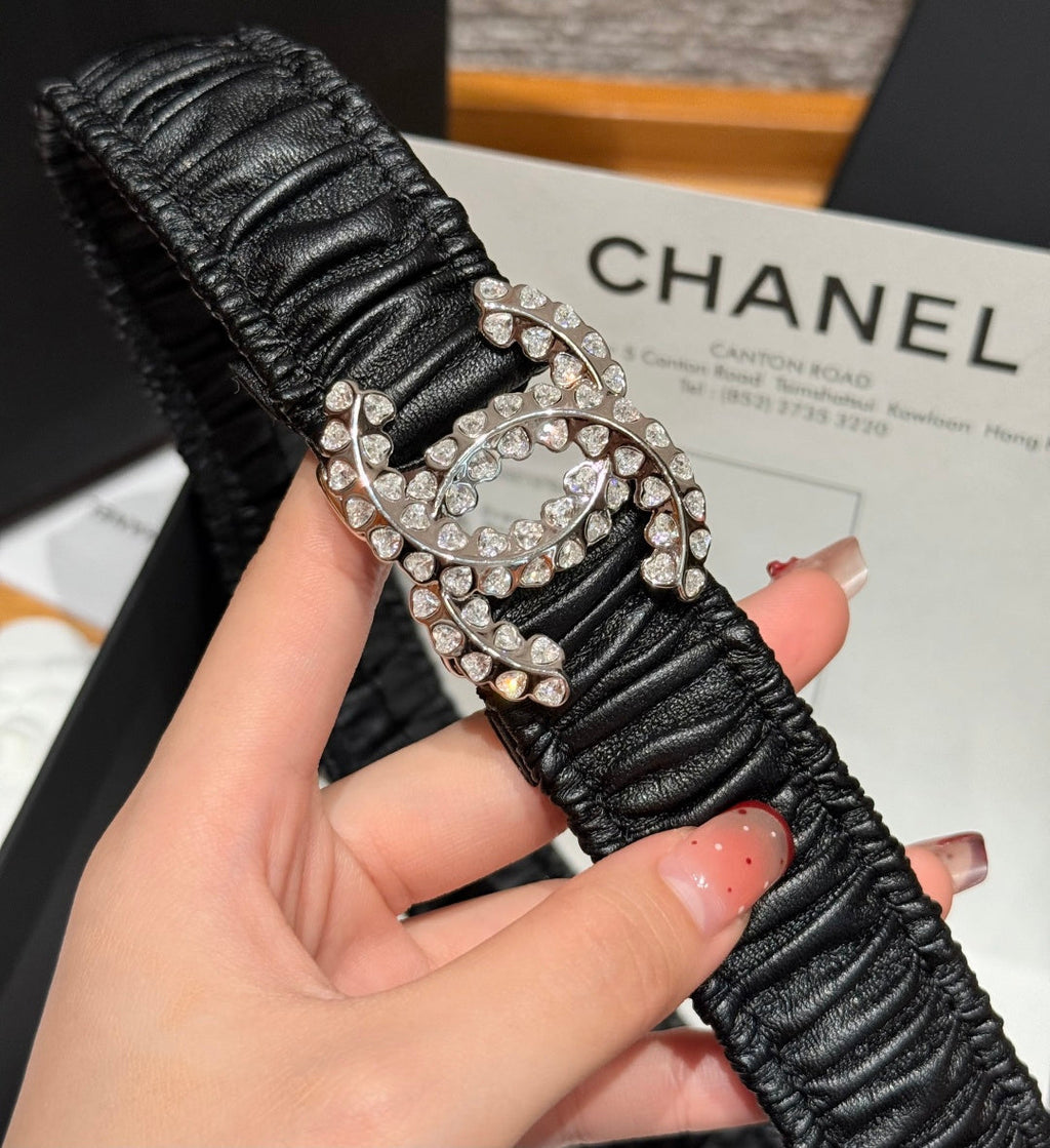 CC Elastic Waist Belt 3.0CM Black Calfskin Sliver Diamond Buckle 195955