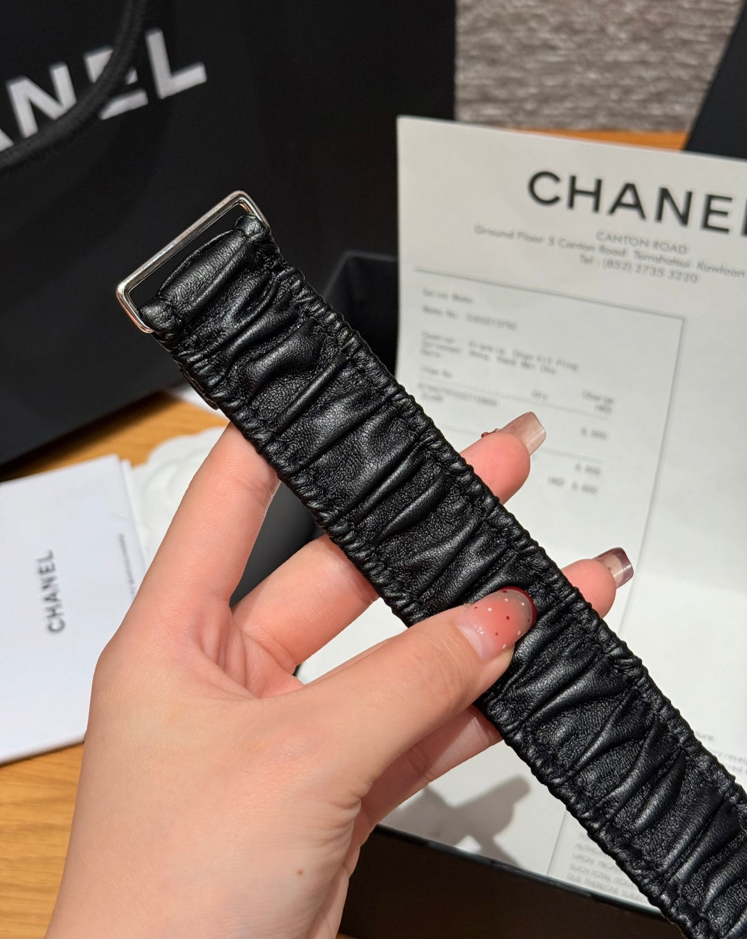 CC Elastic Waist Belt 3.0CM Black Calfskin Sliver Diamond Buckle 195955