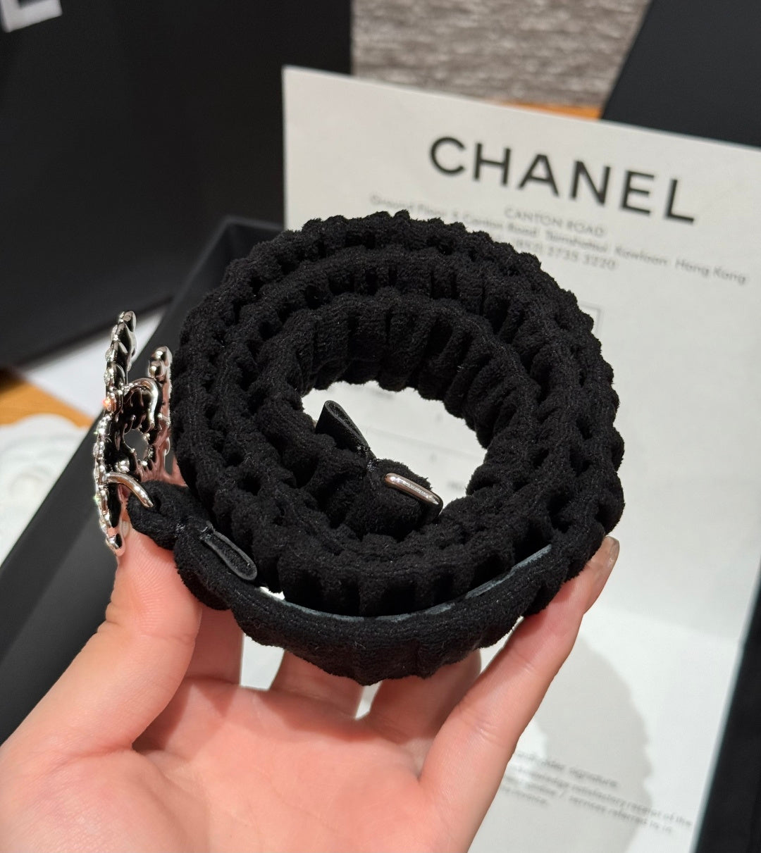 CC Elastic Waist Belt 3.0CM Black Canvas Sliver Diamond Buckle 195954