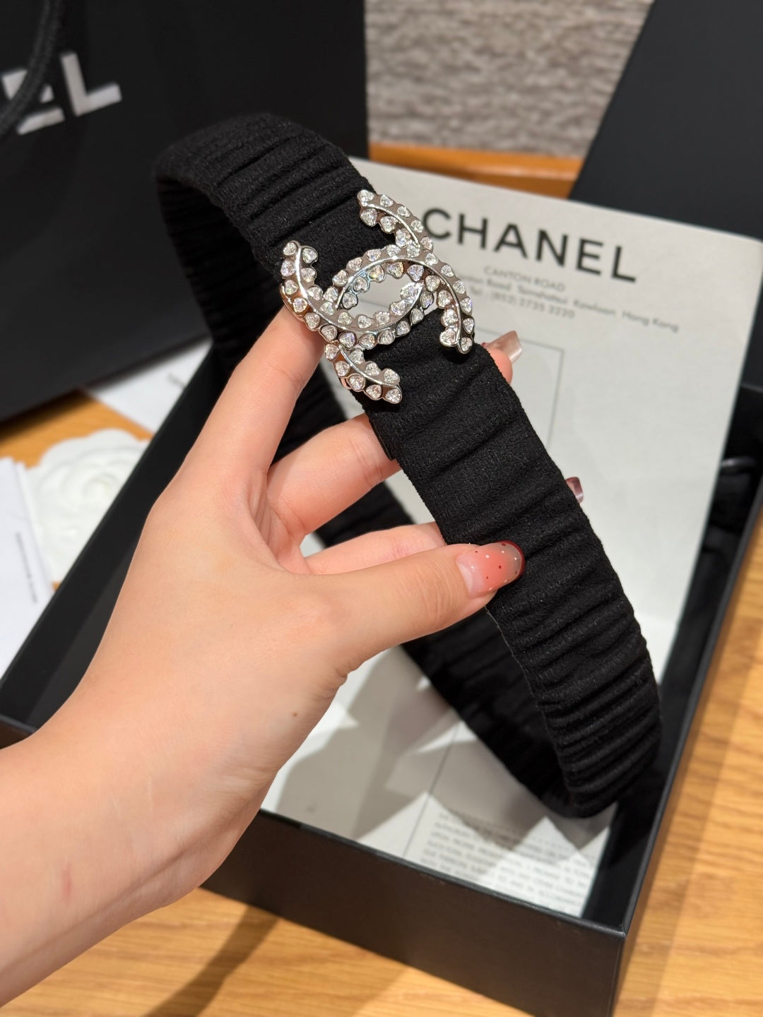 CC Elastic Waist Belt 3.0CM Black Canvas Sliver Diamond Buckle 195954