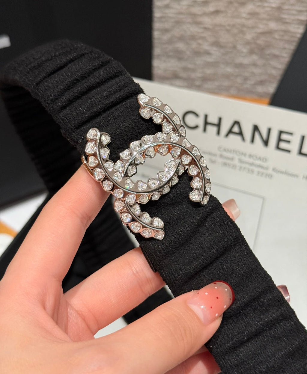 CC Elastic Waist Belt 3.0CM Black Canvas Sliver Diamond Buckle 195954