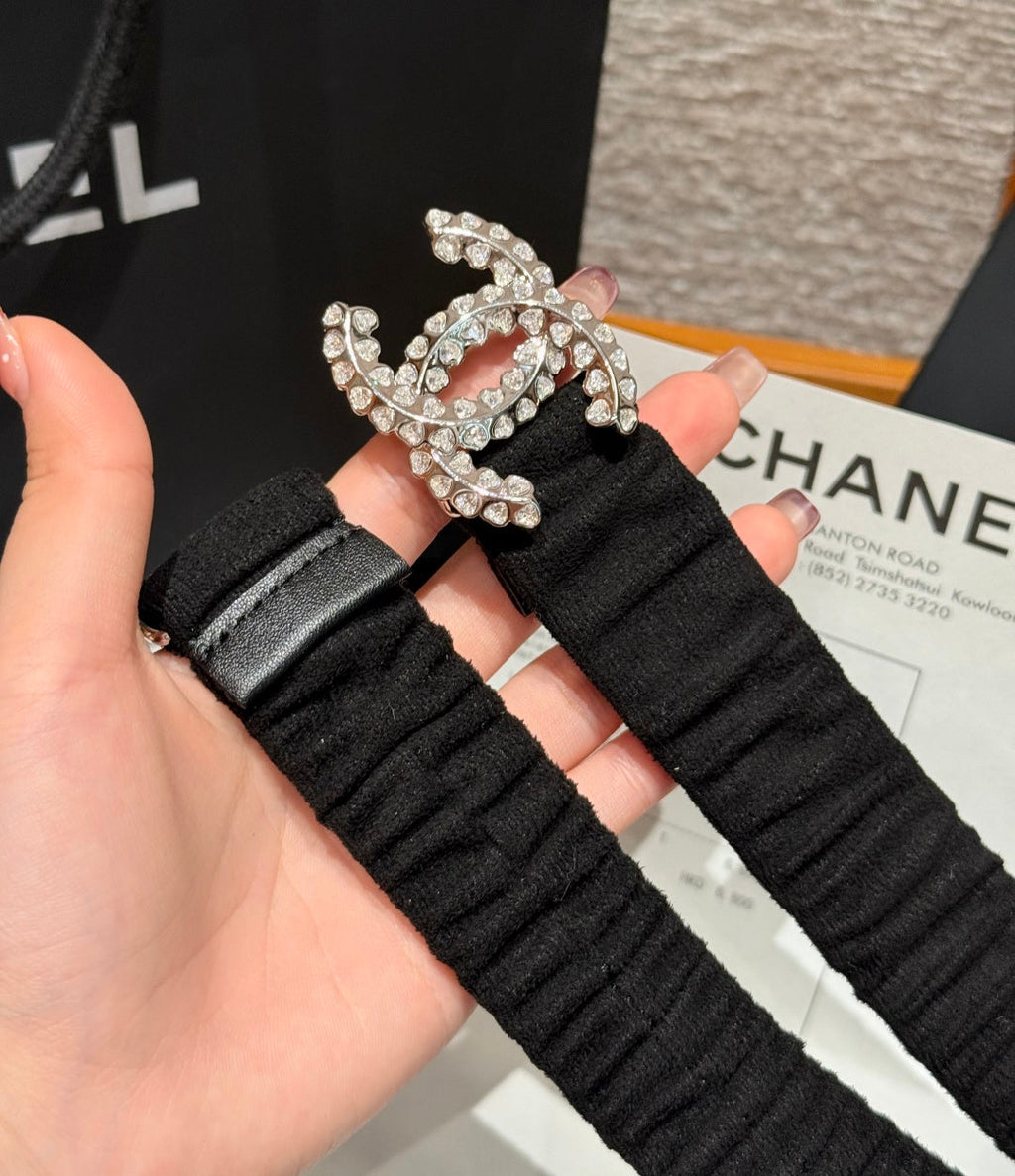 CC Elastic Waist Belt 3.0CM Black Canvas Sliver Diamond Buckle 195954