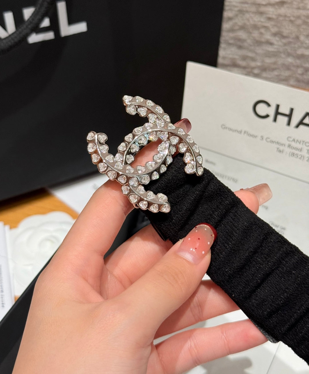 CC Elastic Waist Belt 3.0CM Black Canvas Sliver Diamond Buckle 195954
