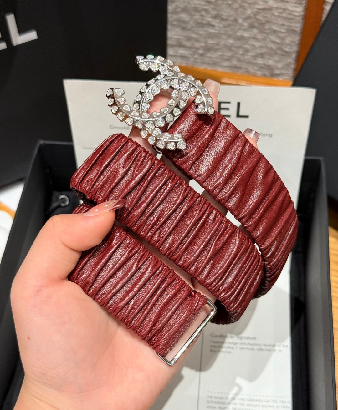 CC Elastic Waist Belt 3.0CM Red Brown Leather Sliver Diamond Buckle 195947