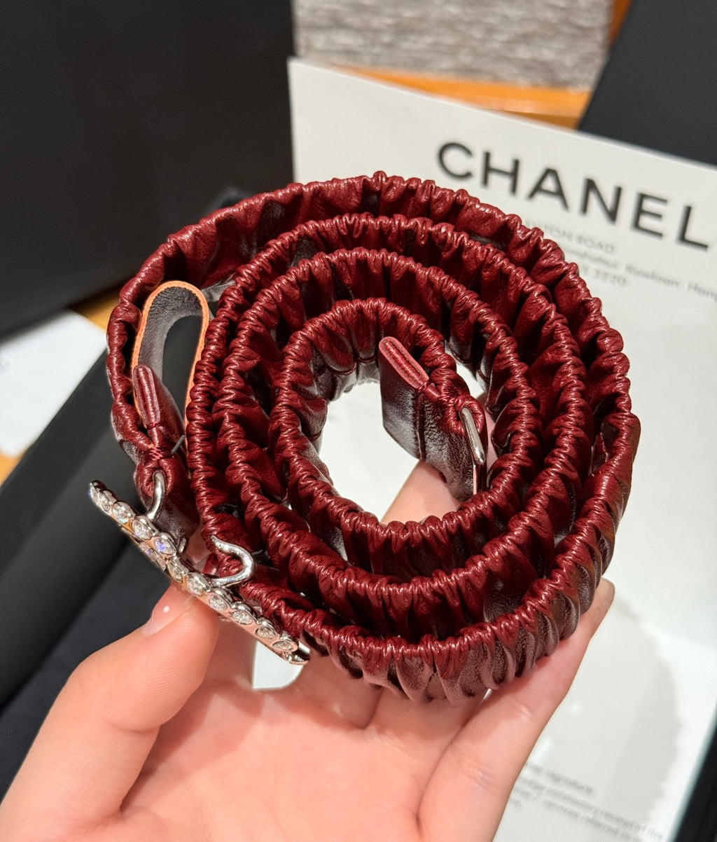 CC Elastic Waist Belt 3.0CM Red Brown Leather Sliver Diamond Buckle 195947