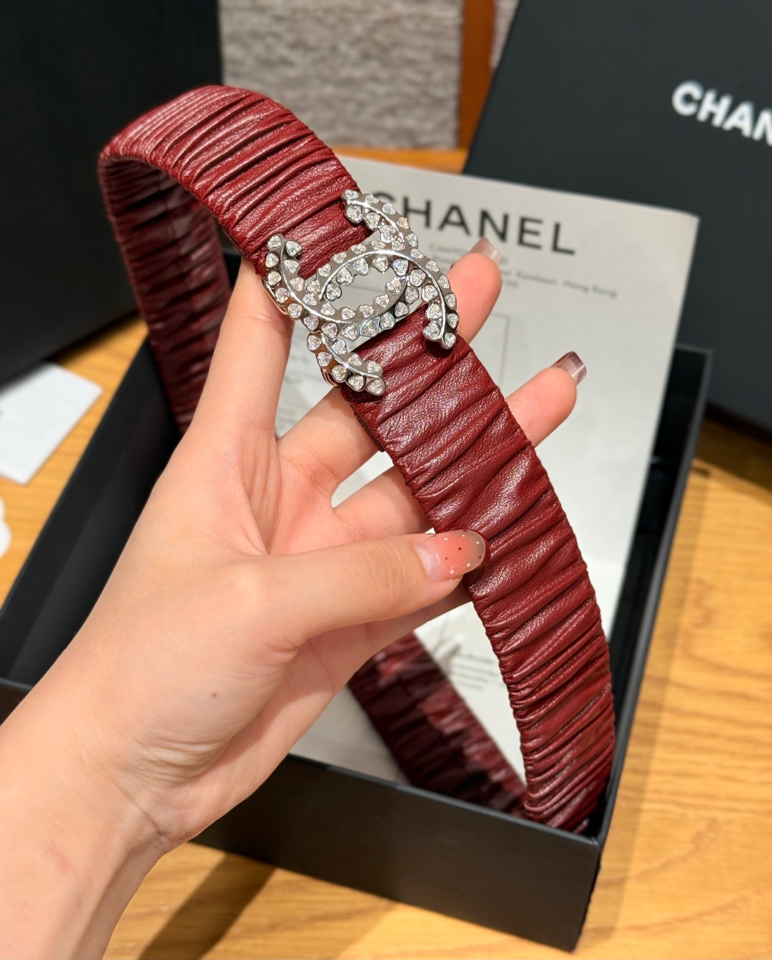 CC Elastic Waist Belt 3.0CM Red Brown Leather Sliver Diamond Buckle 195947