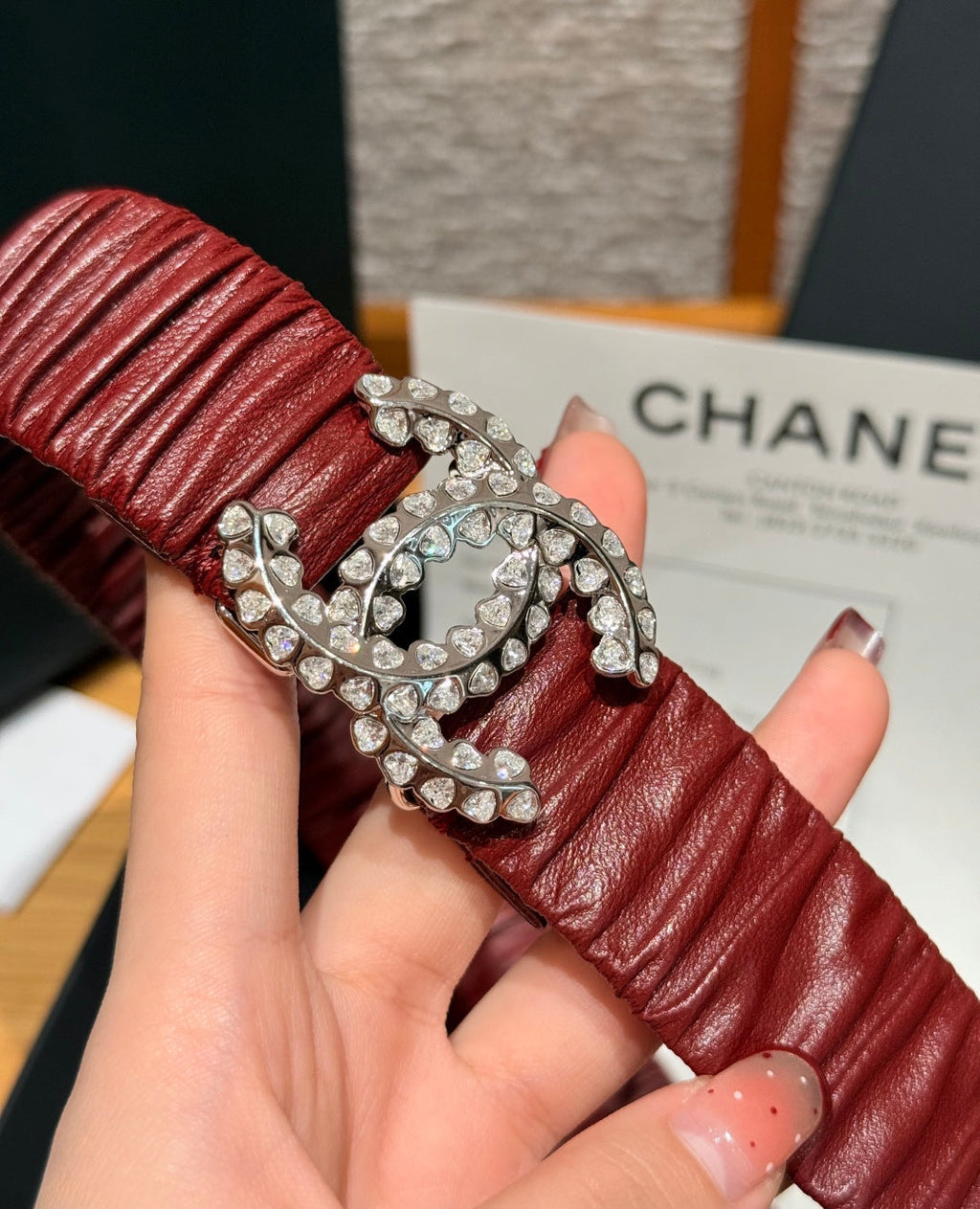 CC Elastic Waist Belt 3.0CM Red Brown Leather Sliver Diamond Buckle 195947