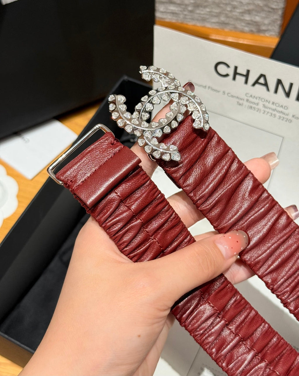 CC Elastic Waist Belt 3.0CM Red Brown Leather Sliver Diamond Buckle 195947
