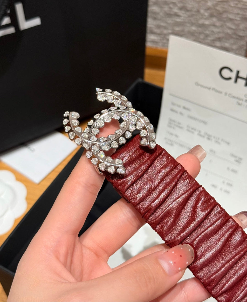 CC Elastic Waist Belt 3.0CM Red Brown Leather Sliver Diamond Buckle 195947