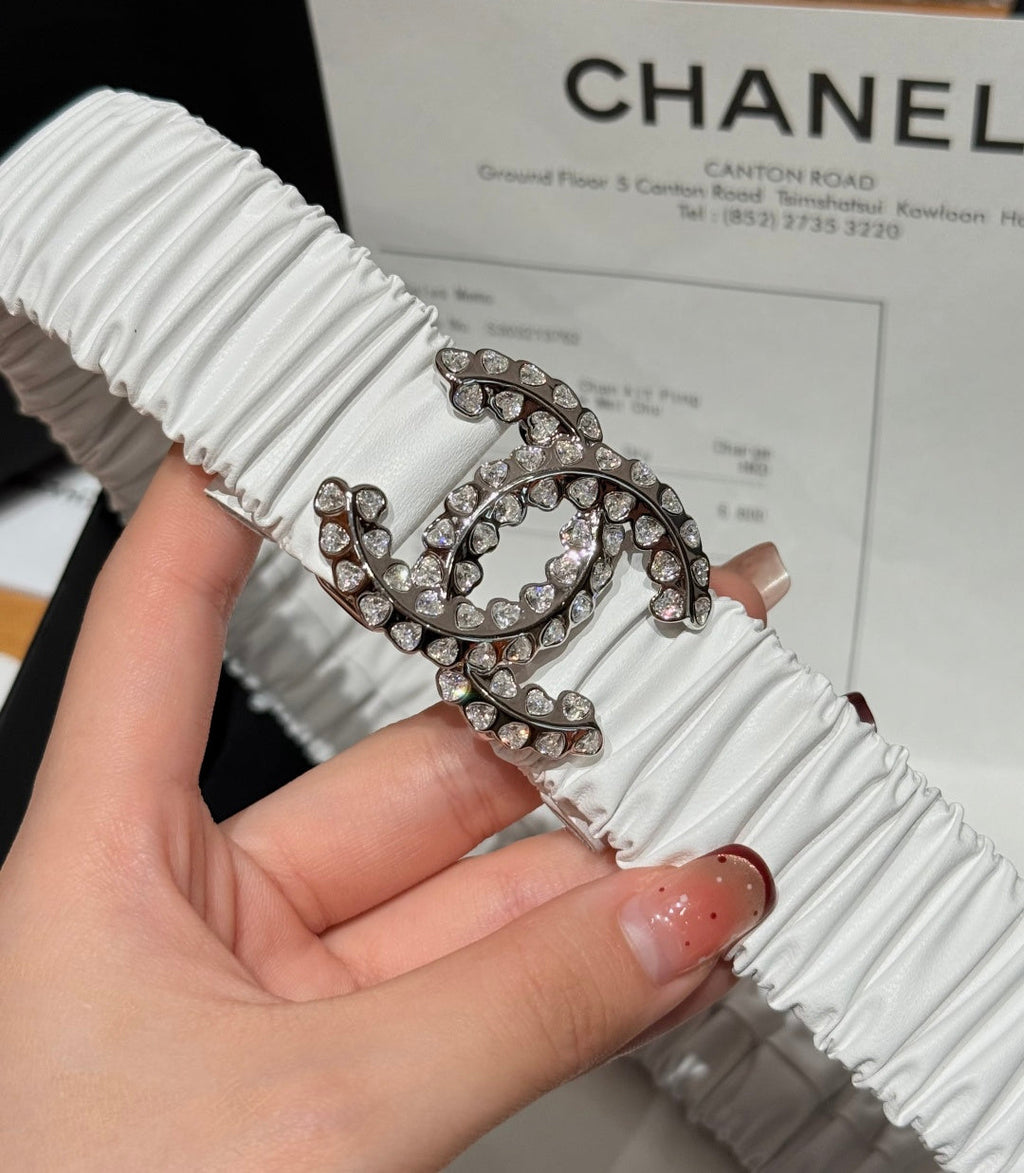 CC Elastic Waist Belt 3.0CM White Leather Sliver Diamond Buckle 195946
