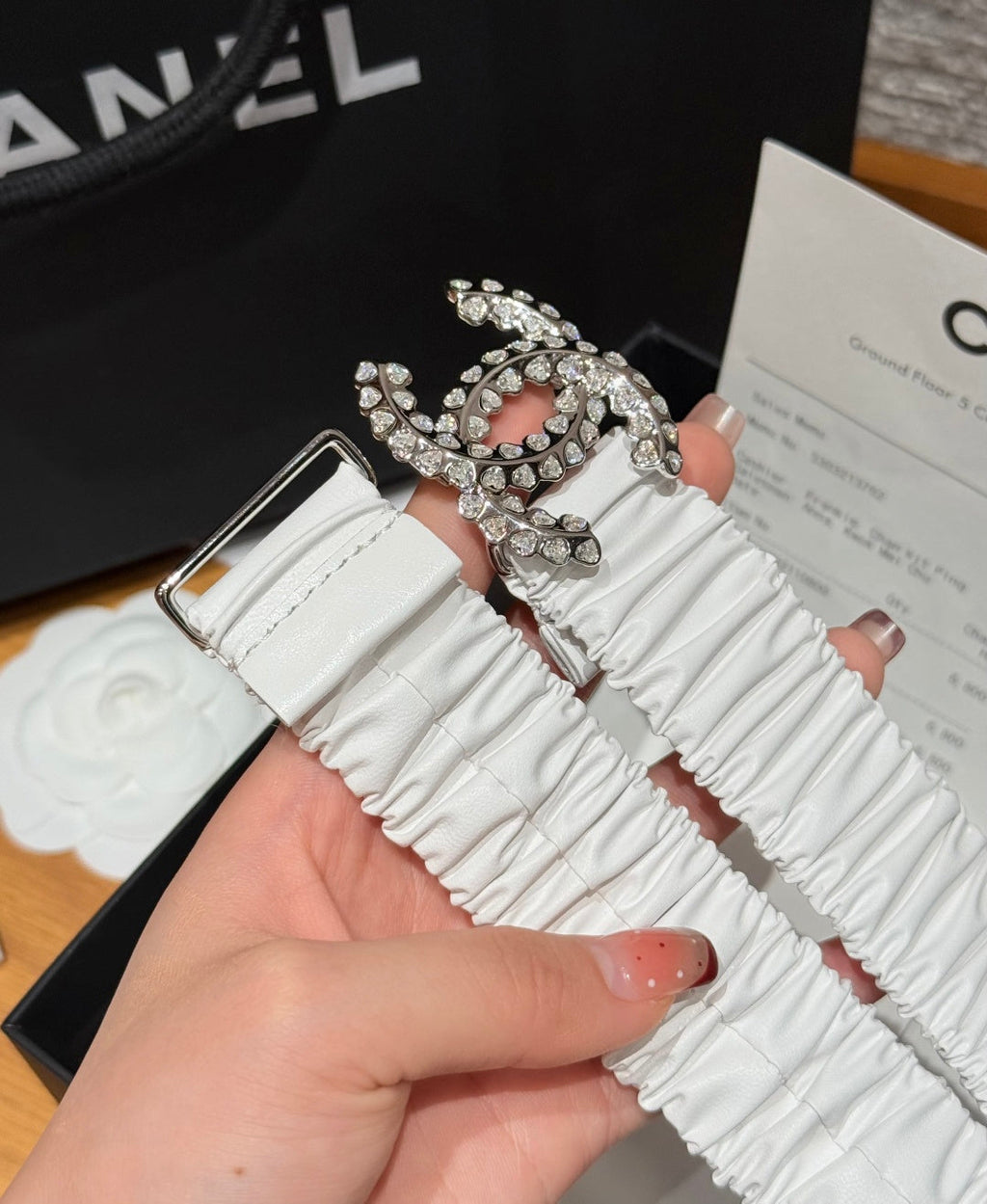 CC Elastic Waist Belt 3.0CM White Leather Sliver Diamond Buckle 195946