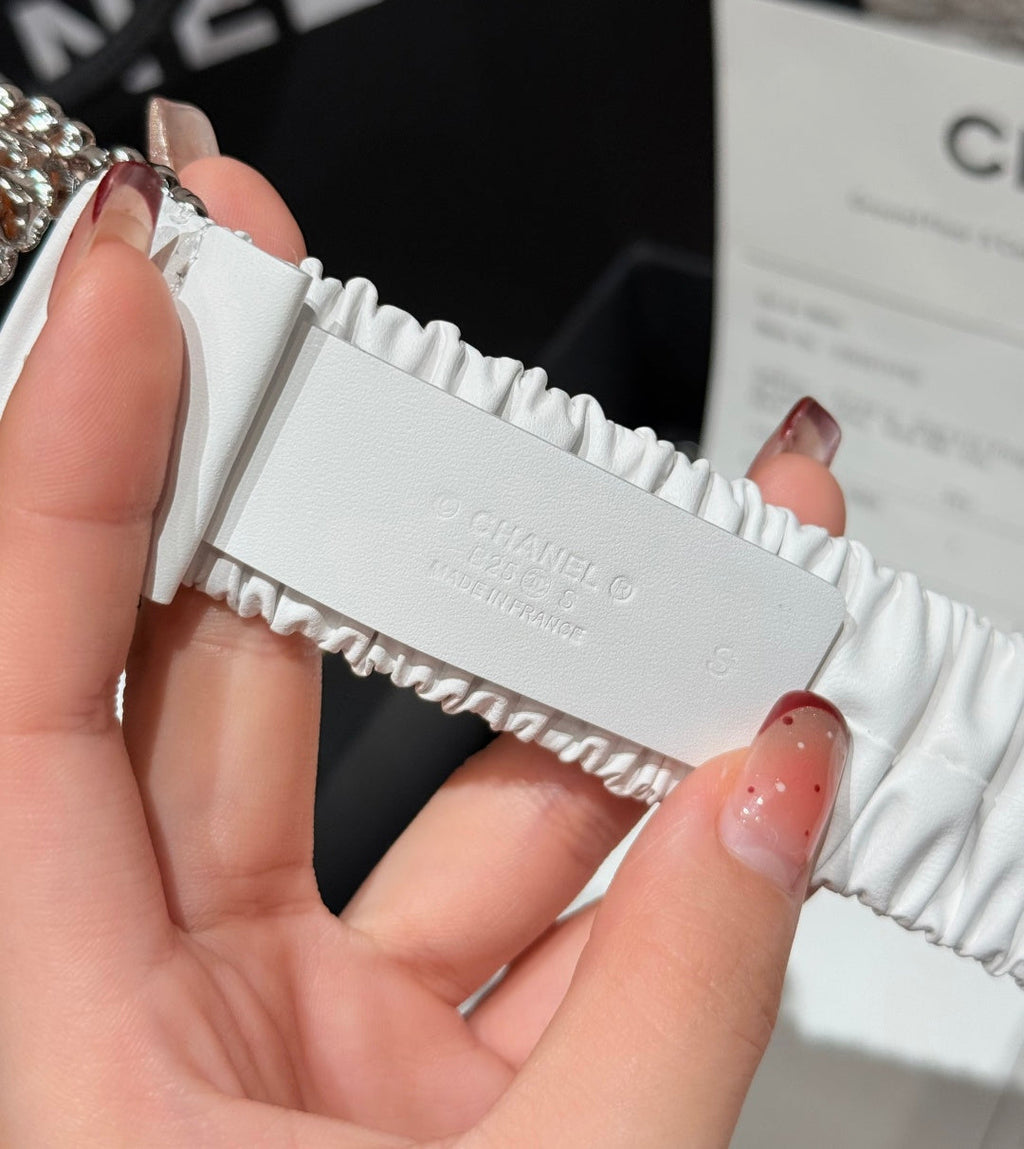 CC Elastic Waist Belt 3.0CM White Leather Sliver Diamond Buckle 195946