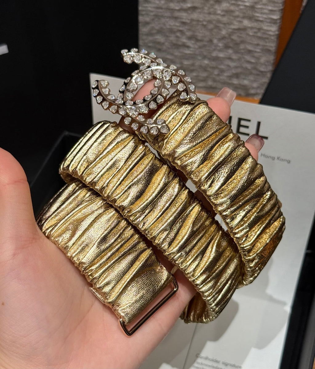 CC Elastic Waist Belt 3.0CM Metallic Gold Leather Sliver Diamond Buckle 195945